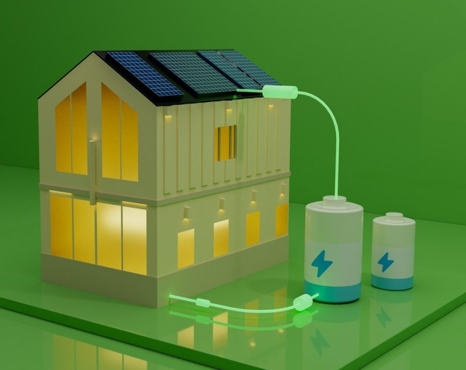 Ein Wohnhaus mit Solarzellen und Energiespeichersystem
